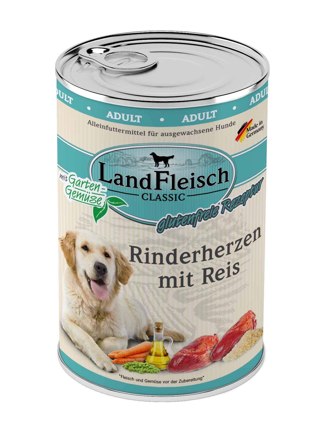 Landfleisch Dog Classic Rinderherzen mit Reis und Gartengemüse