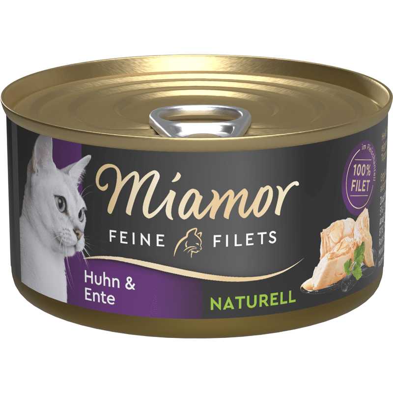Miamor Feine Filets Naturell Huhn & Ente cat wet food can with 100% filet pieces