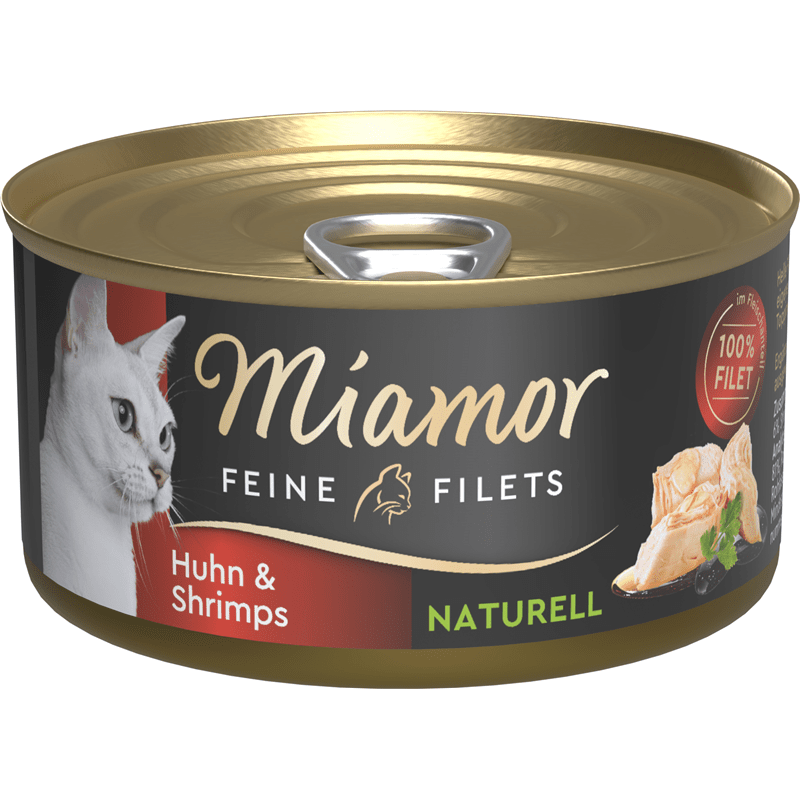 Miamor Feine Filets Naturell Huhn & Shrimps cat wet food can with chicken and shrimp in sauce