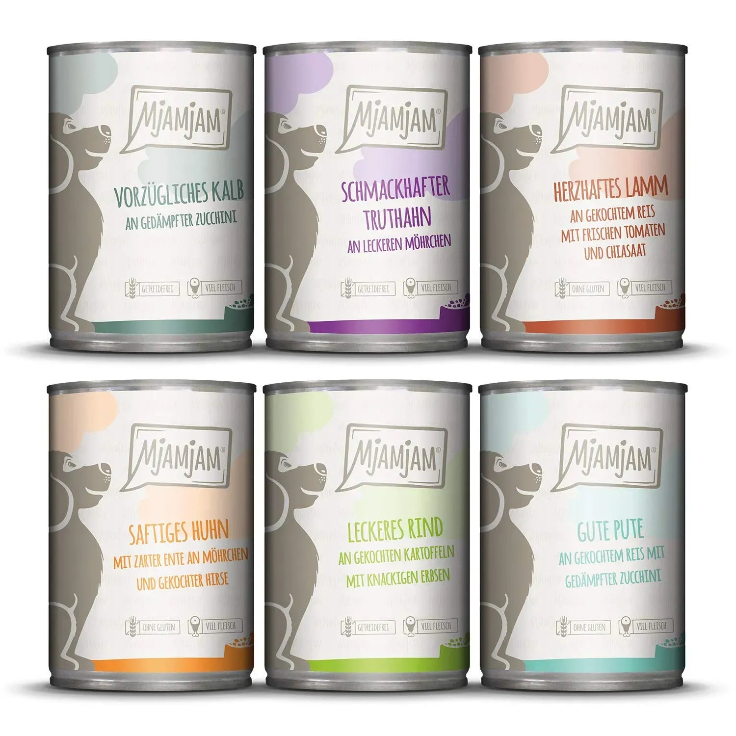 MjAMjAM - Hund - Mixpaket II Huhn & Ente, Rind, Pute, Kalb, Truthahn, Lamm, Nassfutter