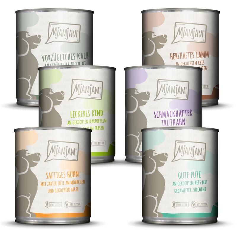 MjAMjAM - Hund - Mixpaket II Huhn & Ente, Rind, Pute, Kalb, Truthahn, Lamm, Nassfutter
