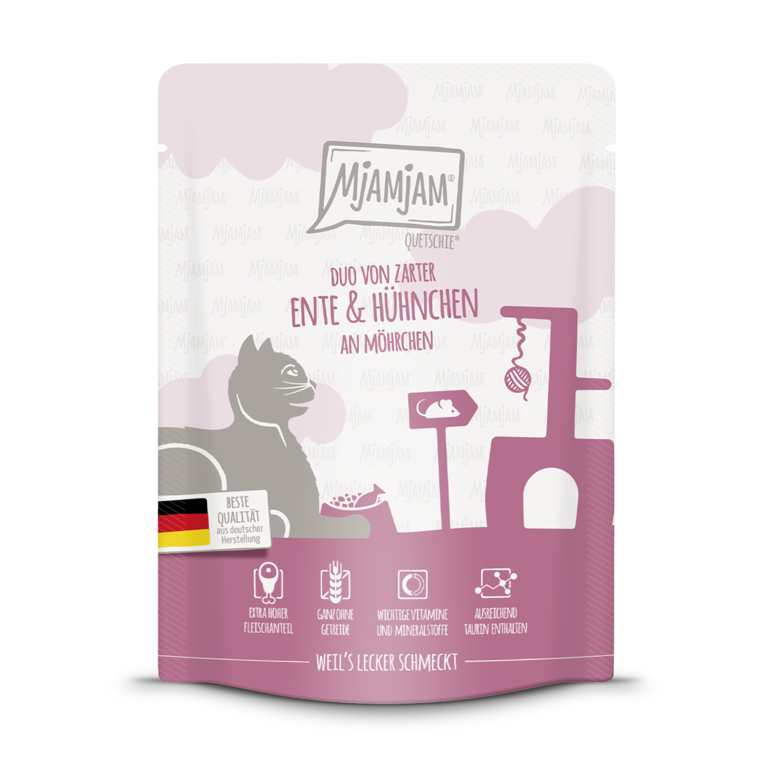 Artikel mit dem Namen MjAMjAM - Katze - DUO Ente, Hühnchen &amp; Möhrchen im Shop von zoo.de , dem Onlineshop für nachhaltiges Hundefutter und Katzenfutter.