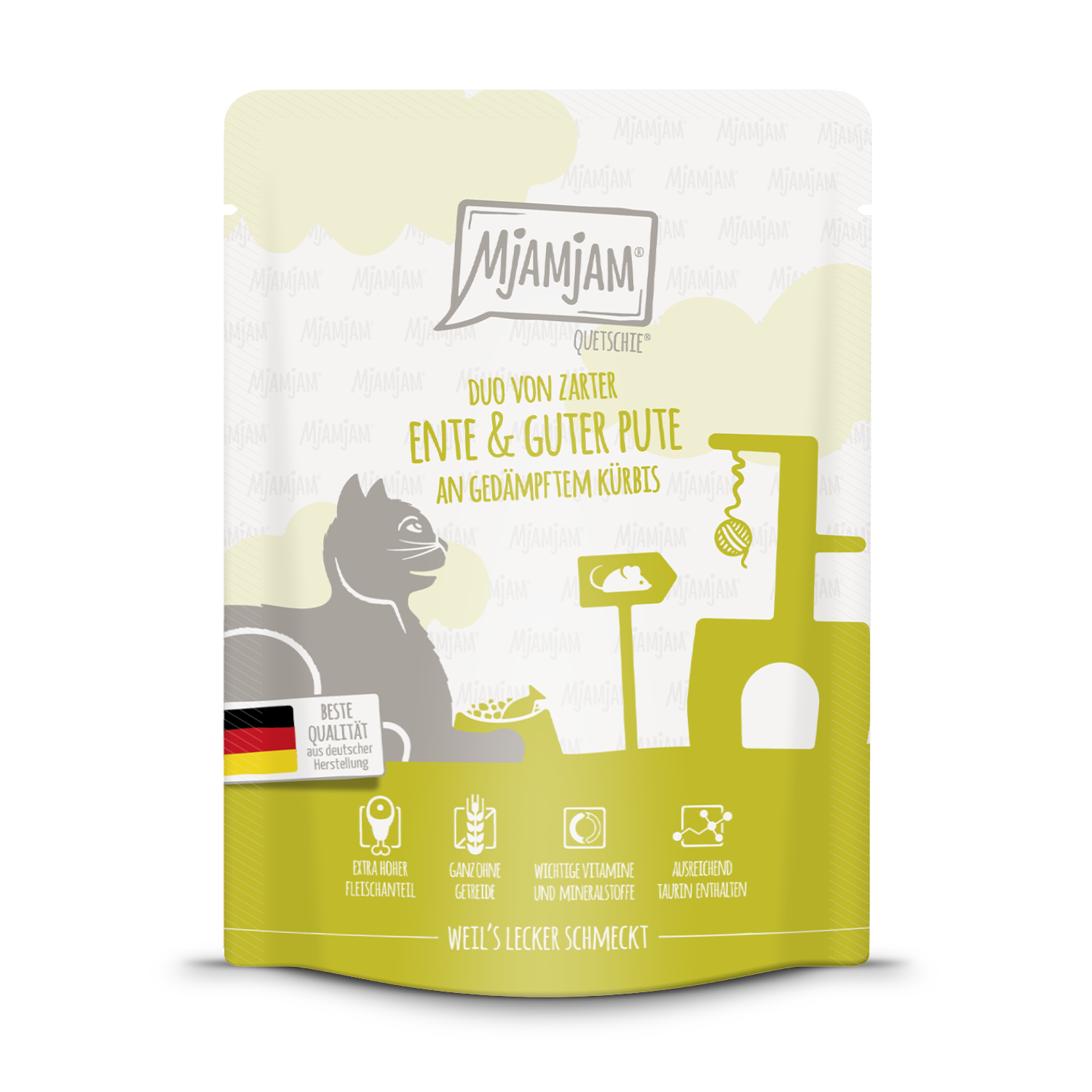 Artikel mit dem Namen MjAMjAM - Katze - DUO Ente, Pute &amp; Kürbis im Shop von zoo.de , dem Onlineshop für nachhaltiges Hundefutter und Katzenfutter.