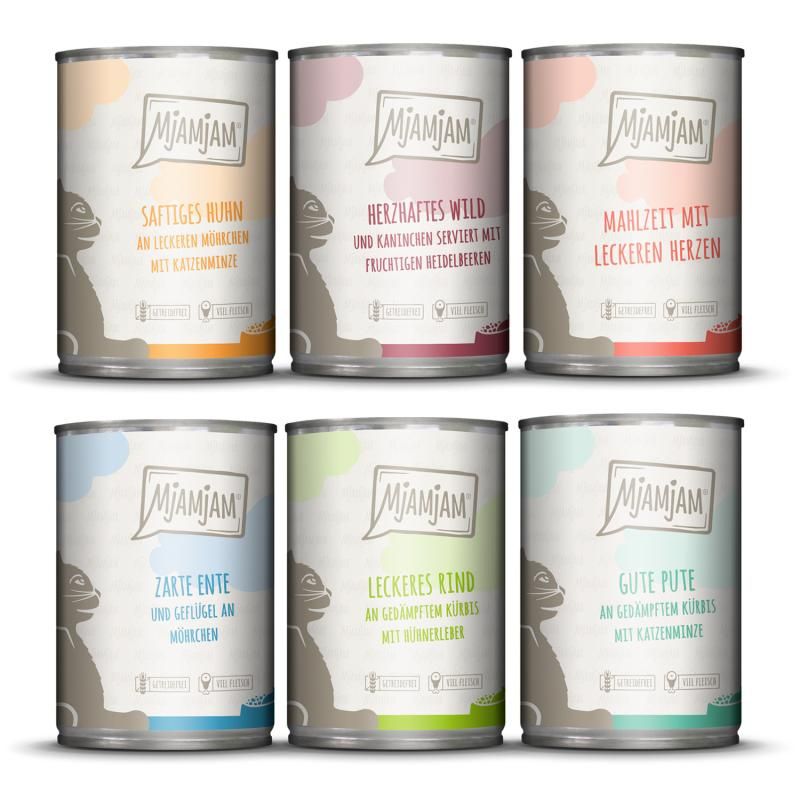 MjAMjAM - Katze - Mixpaket III Huhn, Pute, Ente & Geflügel, Herzen und Rind, Nassfutter
