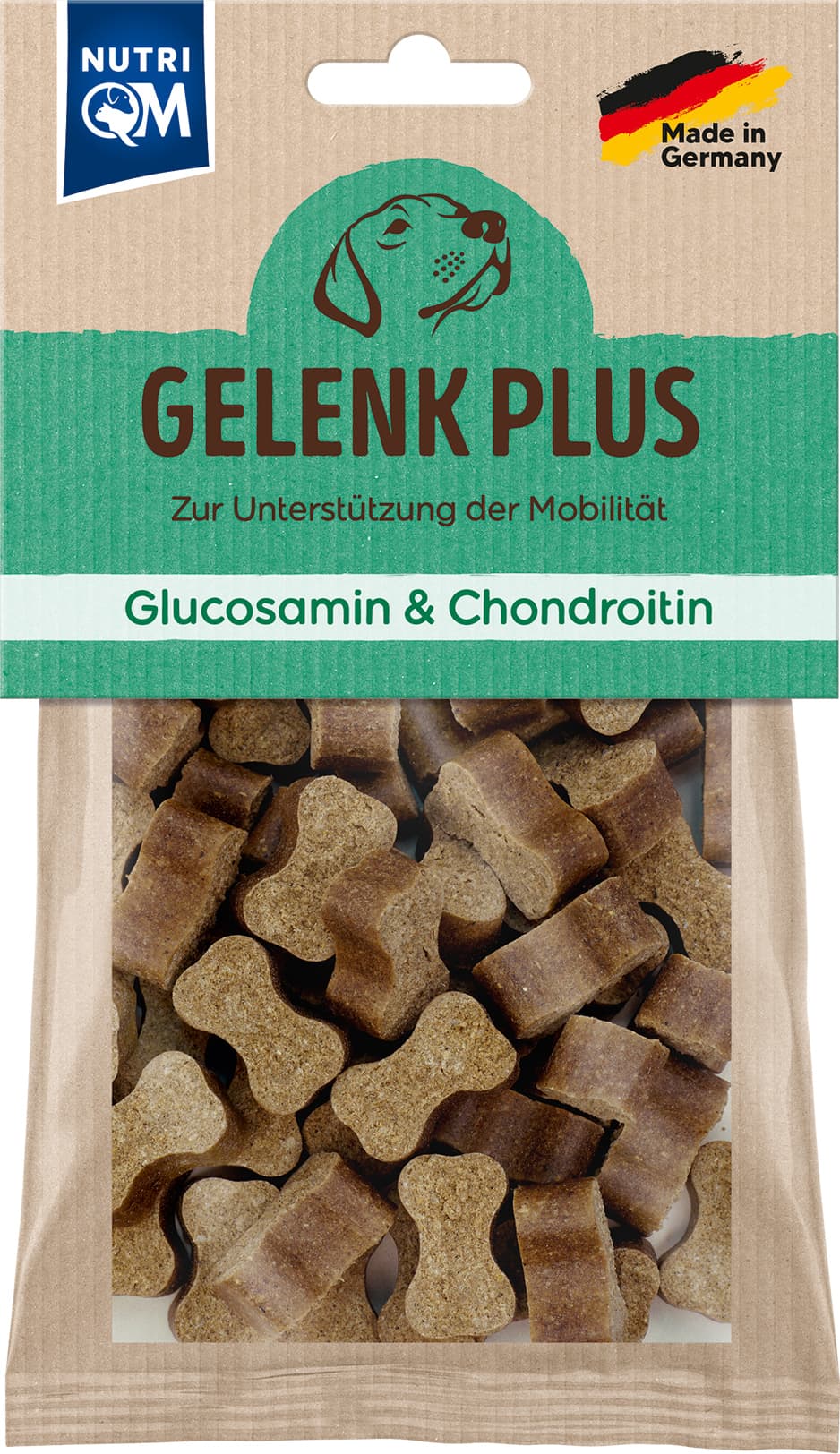 Artikel mit dem Namen NutriQM Hund Snack Gelenk Plus Chondroitin Glucosamin im Shop von zoo.de , dem Onlineshop für nachhaltiges Hundefutter und Katzenfutter.