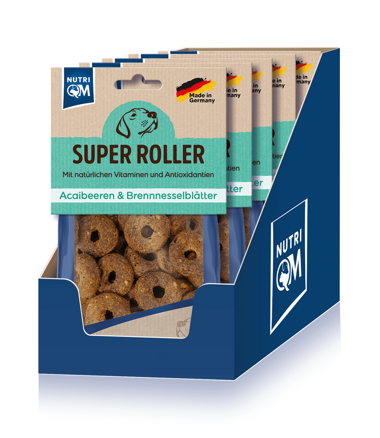 Artikel mit dem Namen NutriQM Hund Super Roller Acaibeeren & Brennnesselblätter im Shop von zoo.de , dem Onlineshop für nachhaltiges Hundefutter und Katzenfutter.