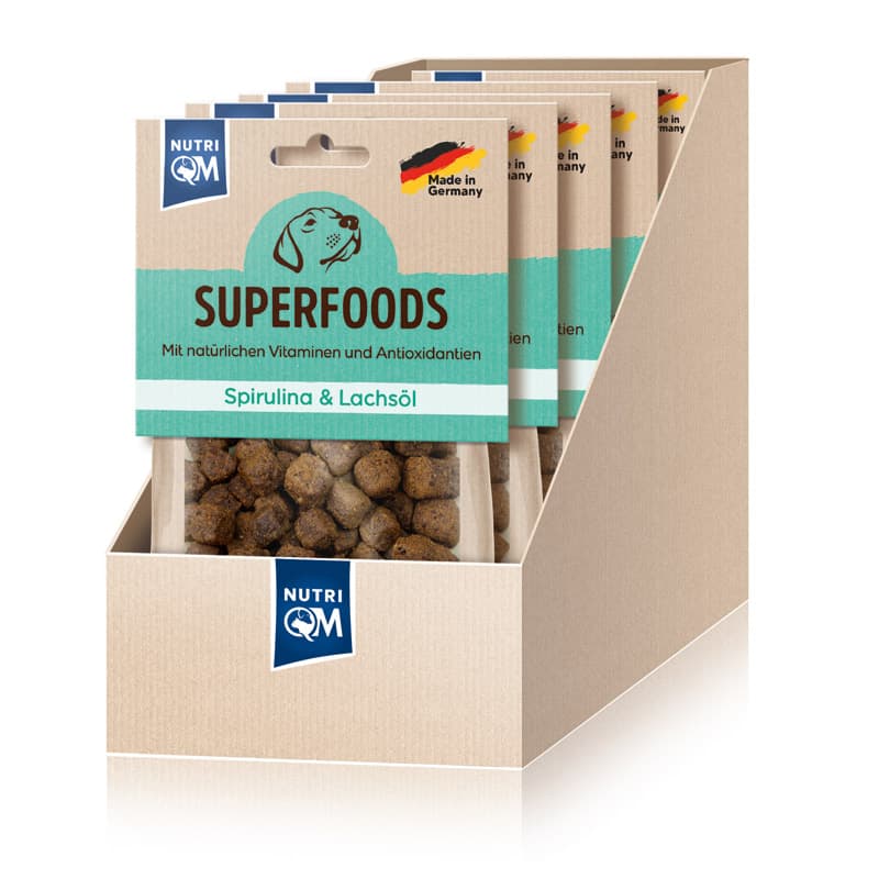 Artikel mit dem Namen NutriQM Hund Superfoods Spirulina & Lachsöl im Shop von zoo.de , dem Onlineshop für nachhaltiges Hundefutter und Katzenfutter.