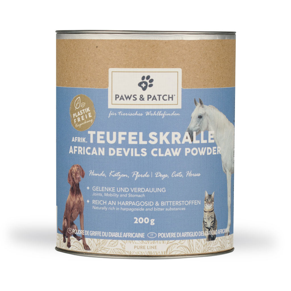 Paws &amp; Patch Teufelskrallen Pulver für Hunde, Katzen und Pferde, 200-g-Dose