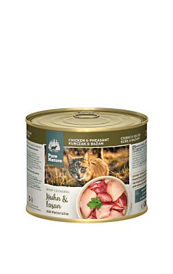 Pure Nature wet cat food can chicken pheasant parsley tabby cat label
