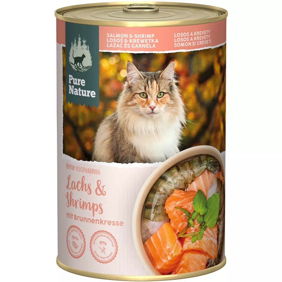 Pure Nature wet cat food salmon shrimp with watercress can