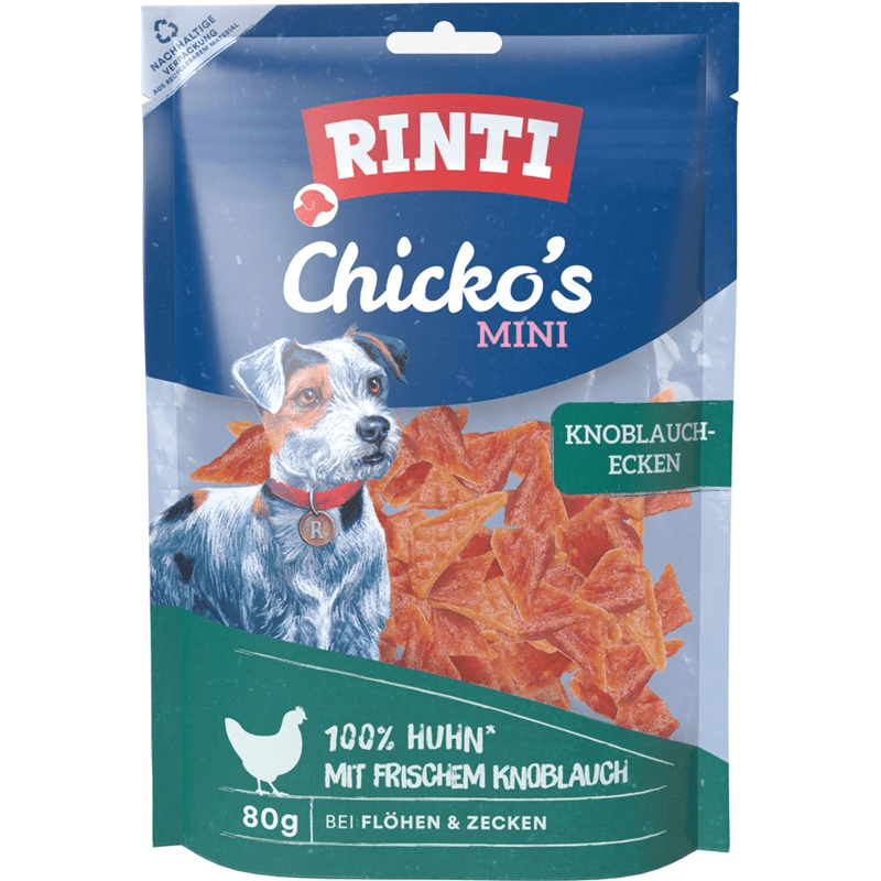 RINTI Chicko's MINI Knoblauchecken dog treats in resealable blue and green pouch with chicken and garlic