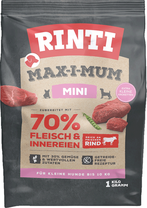 RINTI Max-I-Mum Mini dog food pouch with 70% beef for small dogs under 10kg, 1kg resealable bag