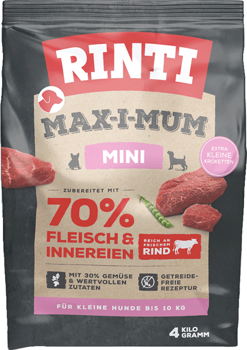 RINTI Max-I-Mum Mini dog food 4kg bag, 70% fresh beef and offal for small breeds with extra small kibble