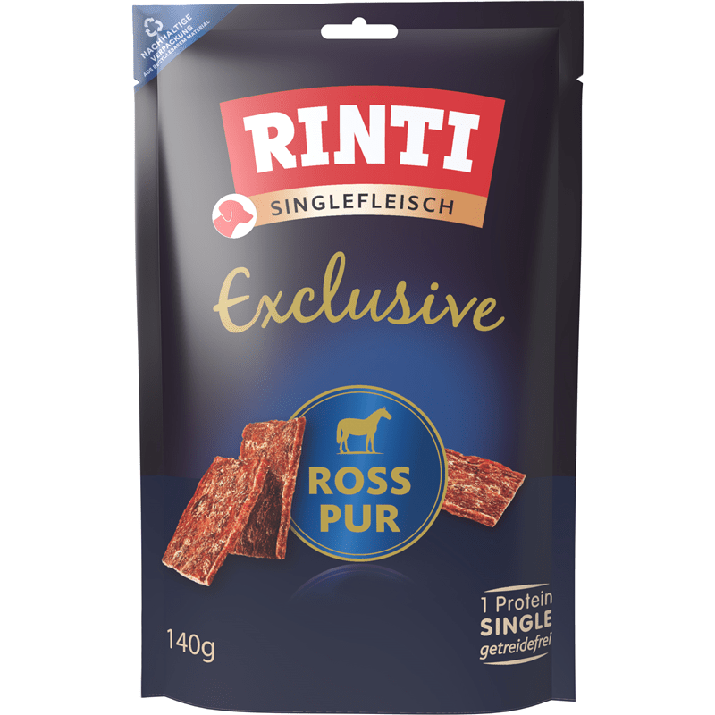 RINTI Singlefleisch Exclusive Ross Pur dog food pouch with horse meat strips, grain-free protein, and compostable packaging