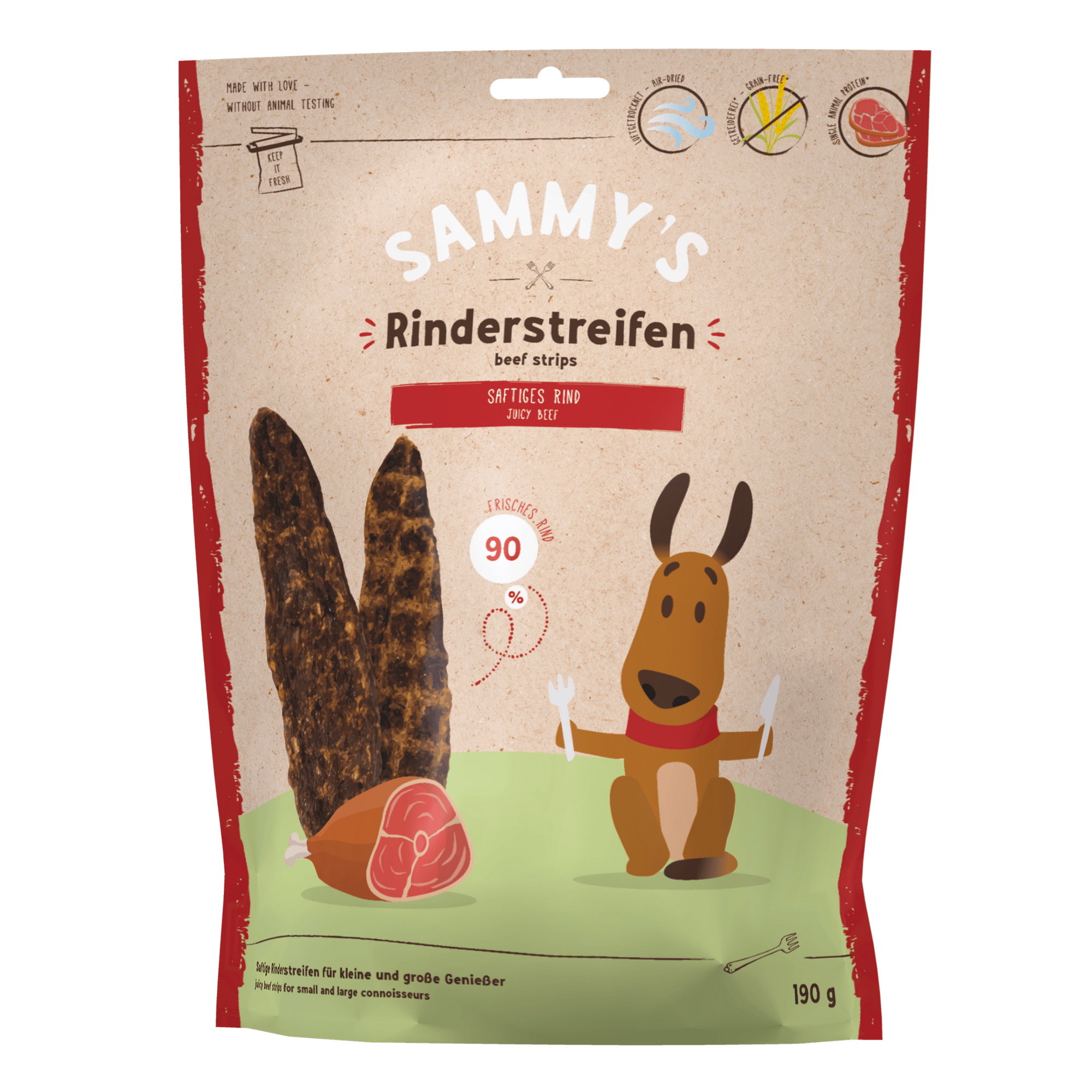Artikel mit dem Namen Sammy's Rinderstreifen im Shop von zoo.de , dem Onlineshop für nachhaltiges Hundefutter und Katzenfutter.