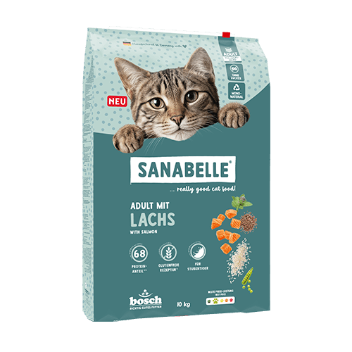 Sanabelle Classic Lachs adult cat food with salmon 10kg bag featuring gluten-free recipe and high protein
