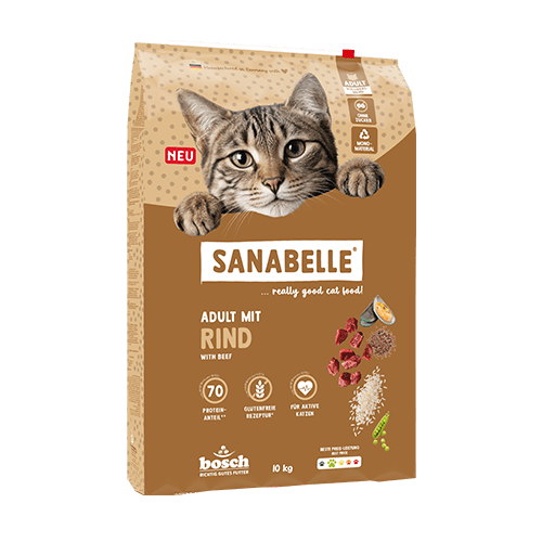 Sanabelle Classic Rind 10kg beef cat food bag with tabby cat and ingredient icons