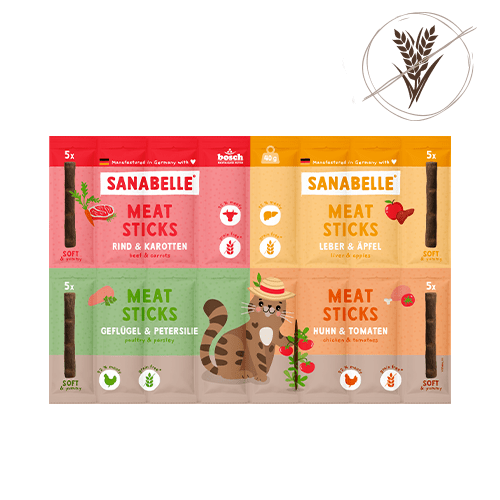 Sanabelle Meat Stick Mix cat treats four flavors beef carrots liver apple poultry parsley chicken tomato soft juicy