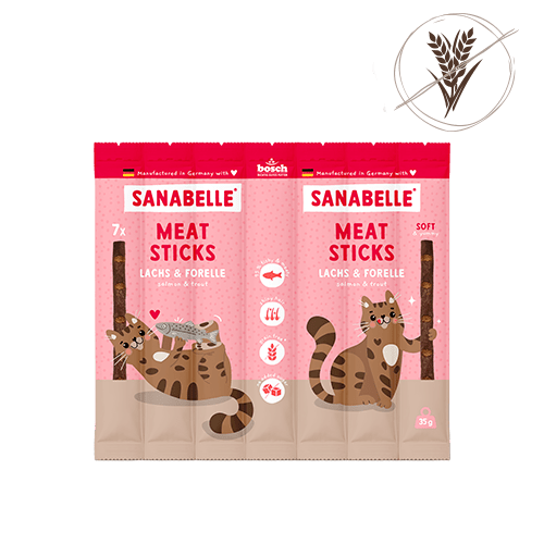 Sanabelle Meat Sticks Lachs & Forelle cat treats soft pouch with no added sugar wheat or gluten