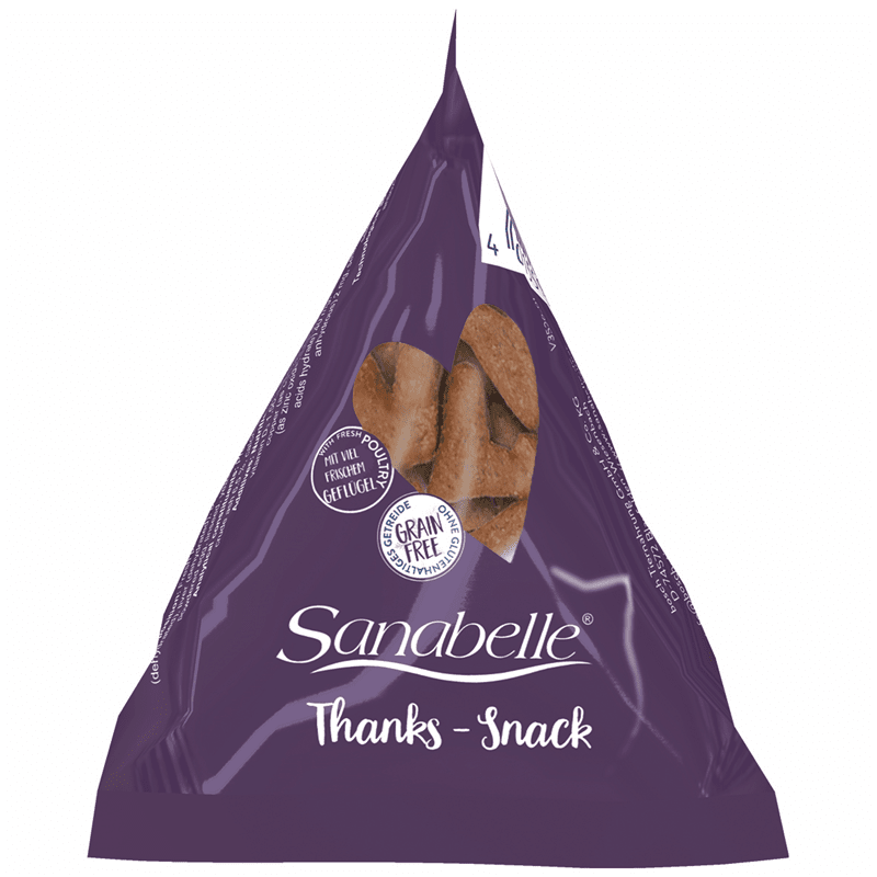 Sanabelle Thanks Snack grain-free cat treats in heart-shaped brown pieces with fresh poultry inside purple pouch