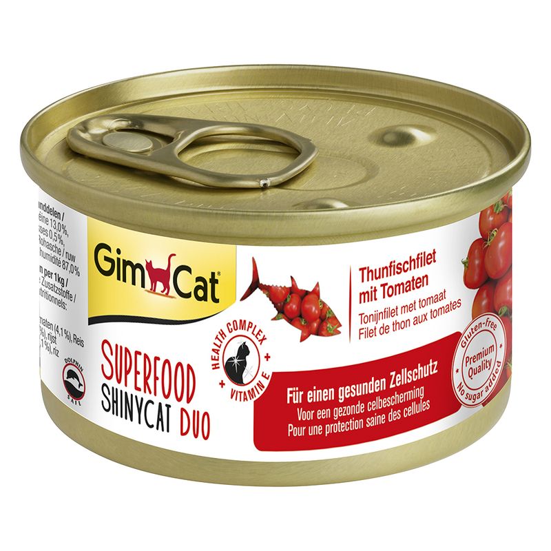 GimCat Superfood ShinyCat Duo Thunfischfilet mit Tomaten Katzenfutter, 70-g-Dose