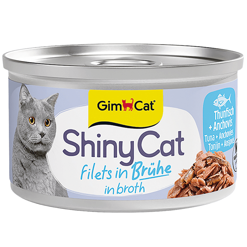 GimCat ShinyCat Filets in Brühe Thunfisch und Anchovis Katzenfutter, 70-g-Dose