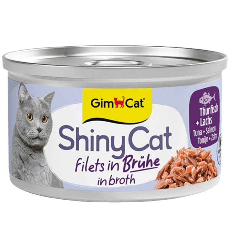 GimCat ShinyCat Filets in Brühe Thunfisch und Lachs Katzenfutter, 70-g-Dose