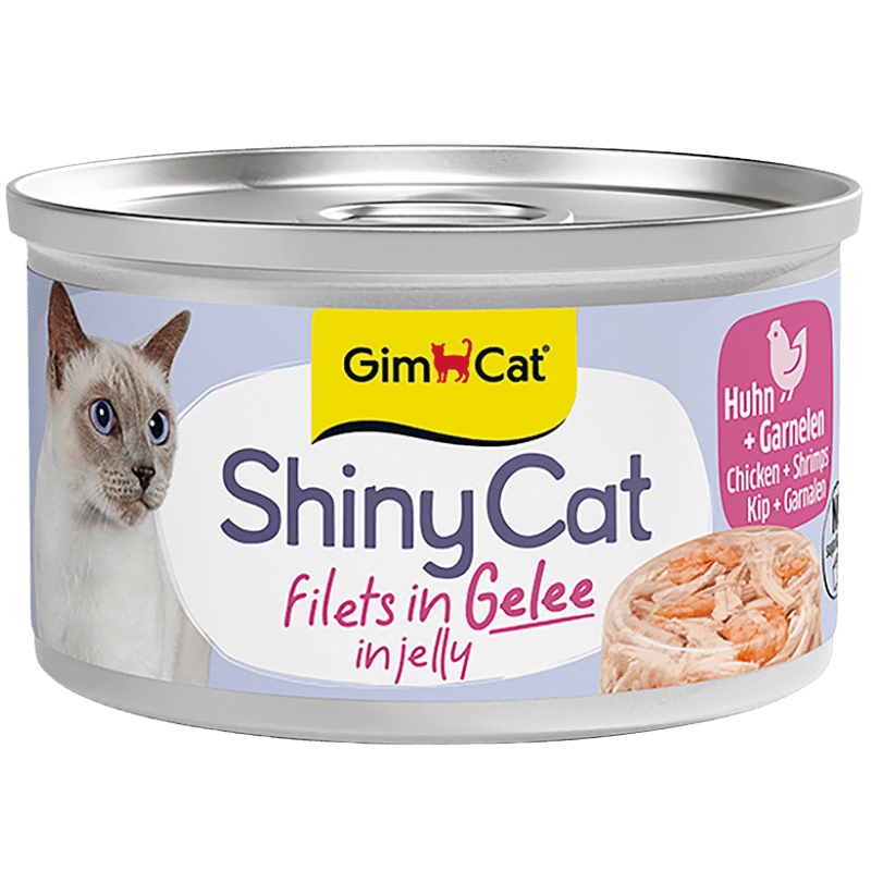 GimCat ShinyCat Filets in Gelee Hühnchen und Garnelen Katzenfutter, 70-g-Dose