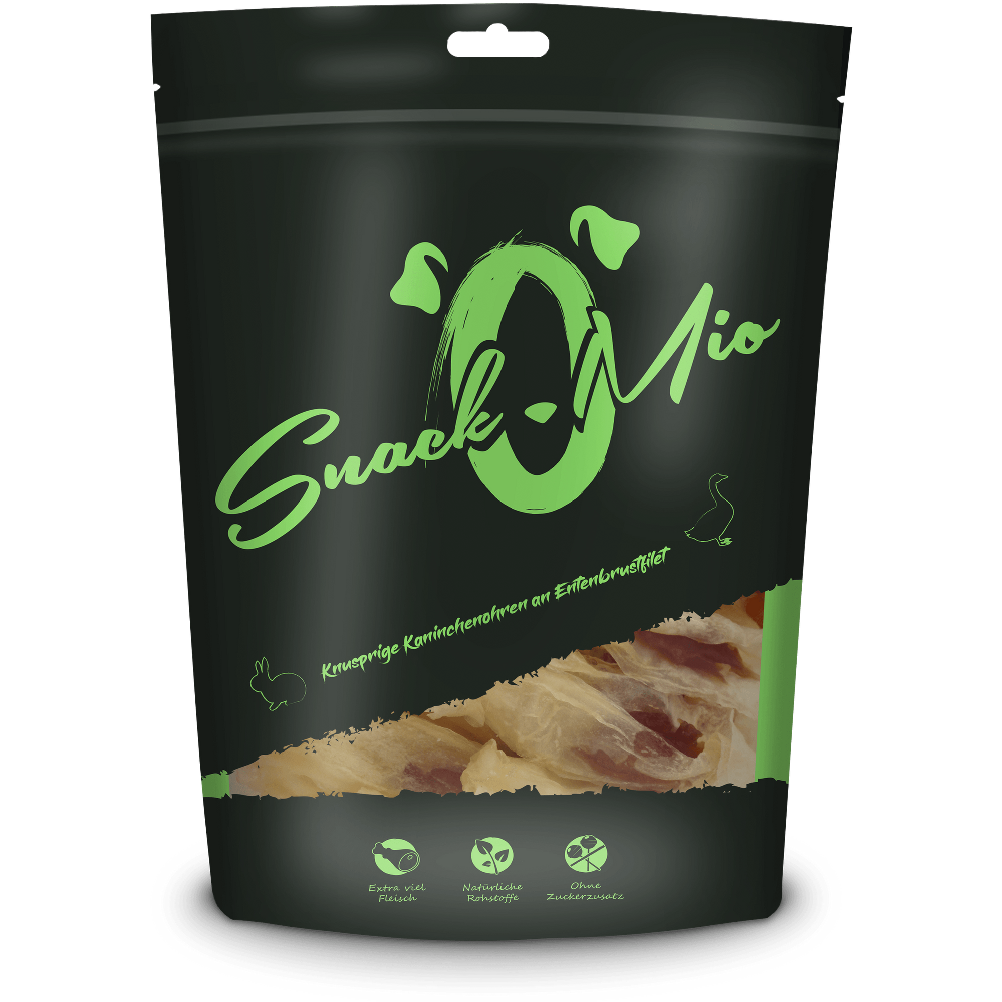 Artikel mit dem Namen SnackOMio - knusprige Kaninchenohren an Entenbrustfilet im Shop von zoo.de , dem Onlineshop für nachhaltiges Hundefutter und Katzenfutter.