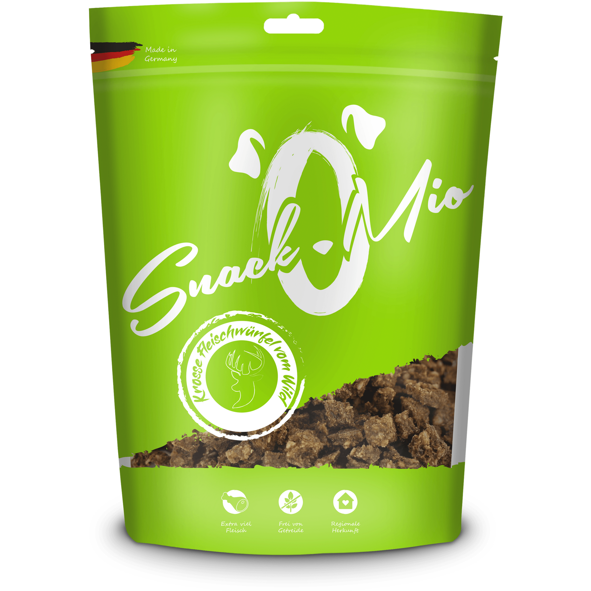 Artikel mit dem Namen SnackOMio - krosse Fleischwürfel vom Wild im Shop von zoo.de , dem Onlineshop für nachhaltiges Hundefutter und Katzenfutter.