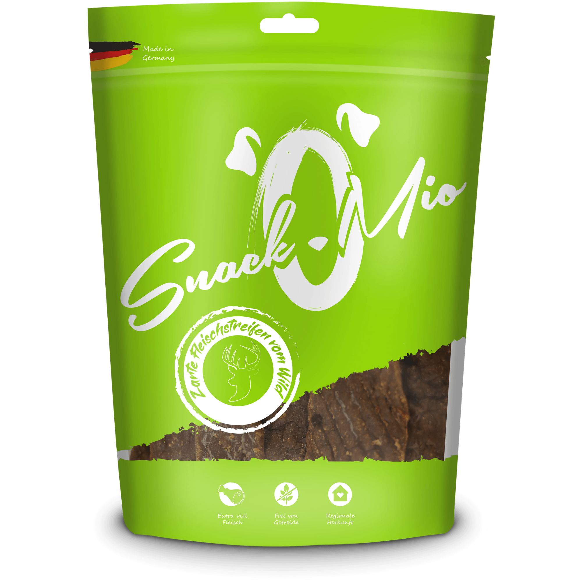 Artikel mit dem Namen SnackOMio - zarte Fleischstreifen vom Wild im Shop von zoo.de , dem Onlineshop für nachhaltiges Hundefutter und Katzenfutter.