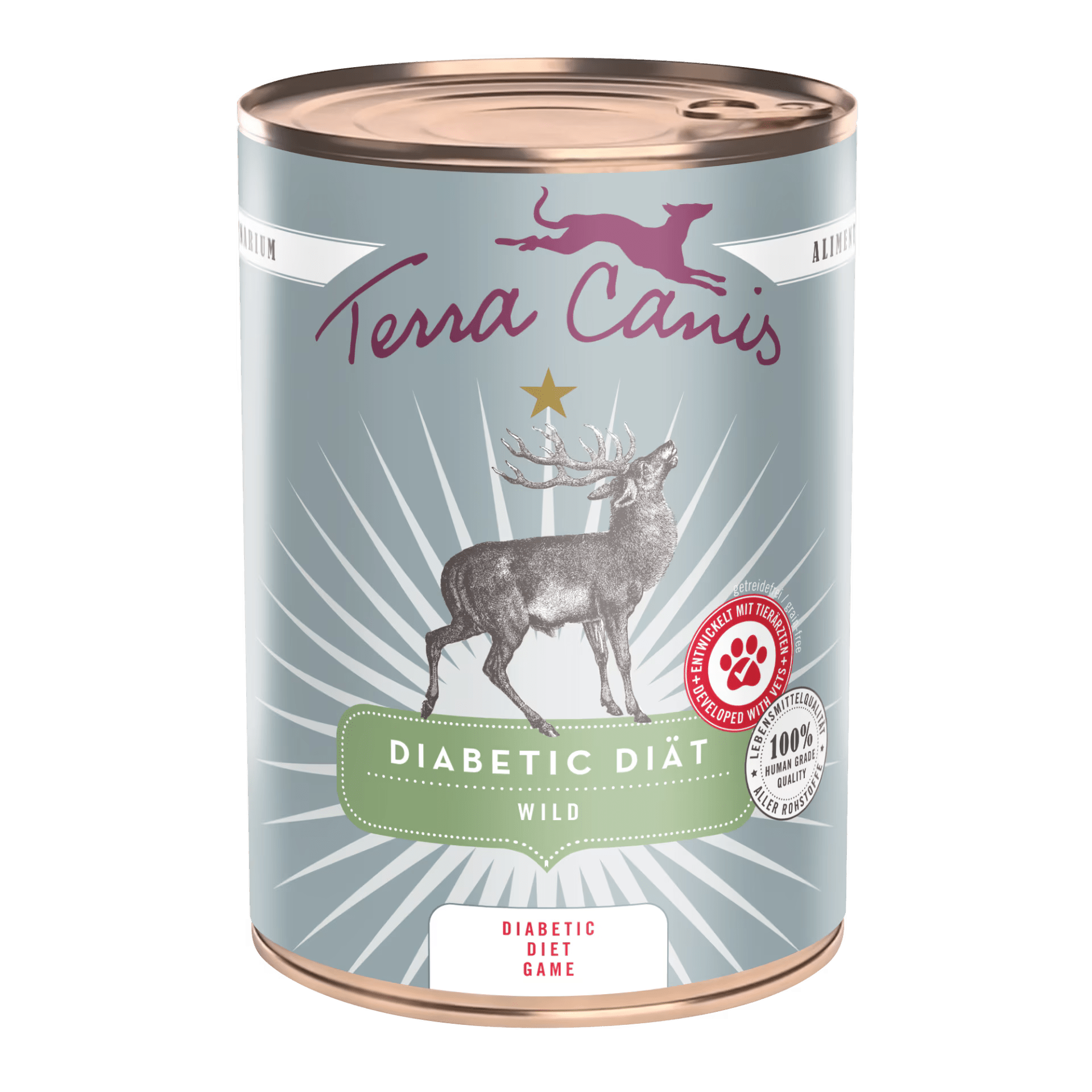 Single can of Terra Canis Diabetic Diet Wild wet dog food featuring stag illustration and human grade seal