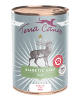 Single can of Terra Canis Diabetic Diet Wild wet dog food featuring stag illustration and human grade seal