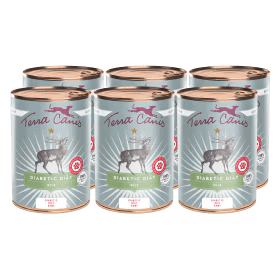 Six pack Terra Canis Diabetic Diet Wild wet dog food cans with stag label and copper lids