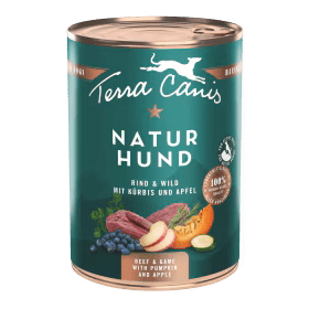 Nahaufnahme Terra Canis Rind-Wild Nassfutter Dose mit 100% Natur Siegel