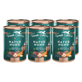 Sechs Dosen Terra Canis Naturhund Nassfutter Rind & Wild für Hunde
