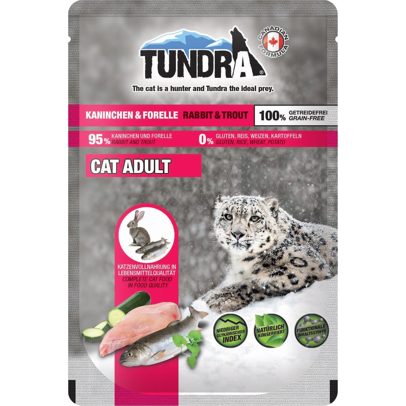Artikel mit dem Namen Tundra Katze Pouch Kaninchen & Forelle im Shop von zoo.de , dem Onlineshop für nachhaltiges Hundefutter und Katzenfutter.