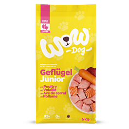 WOW DOG Junior Geflügel Trockenfutter 4kg Beutel mit Karotten und 82% Protein