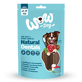 WOW DOG Natural Dentals Poultry & Pomegranate dog treats in light blue pouch with window