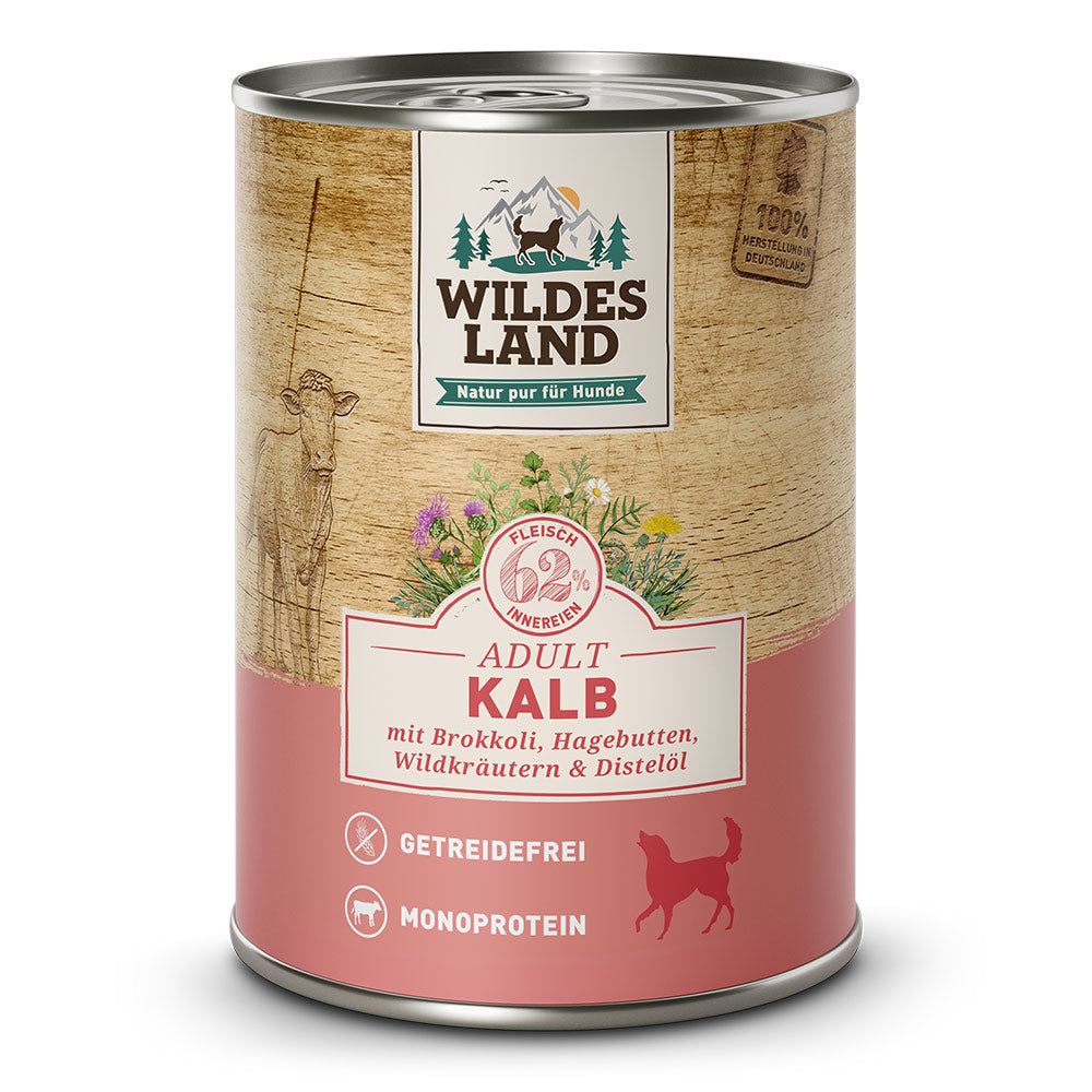 Wildes Land Hund Kalb mit Brokkoli, Karotten, Hagebutte, Wildkräutern und Distelöl