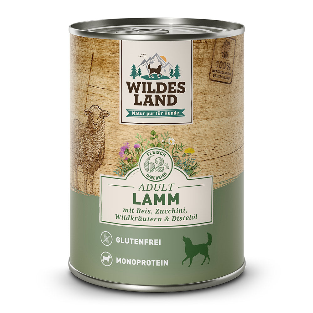 Wildes Land Hund Lamm mit Reis, Zucchini, Wildkräutern und Distelöl