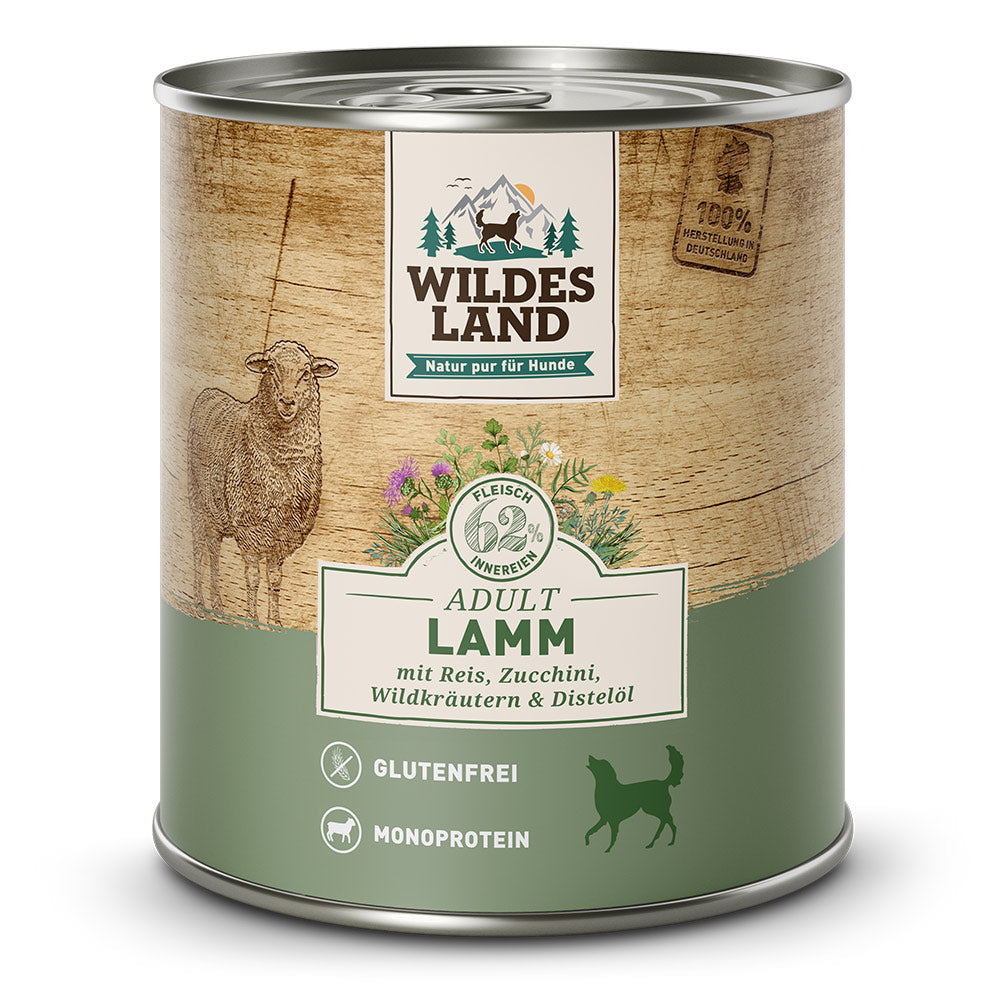 Wildes Land Hund Lamm mit Reis, Zucchini, Wildkräutern und Distelöl