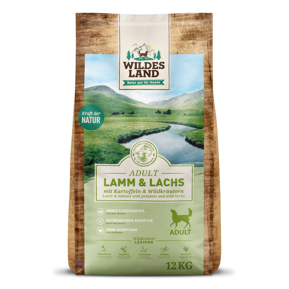 Wildes Land Hund Lamm und Lachs mit Kartoffeln und Wildkräutern