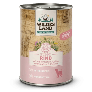 Wildes Land Hund Puppy Rind mit Süßkartoffel, Apfel und Wildkräutern, Nassfutter