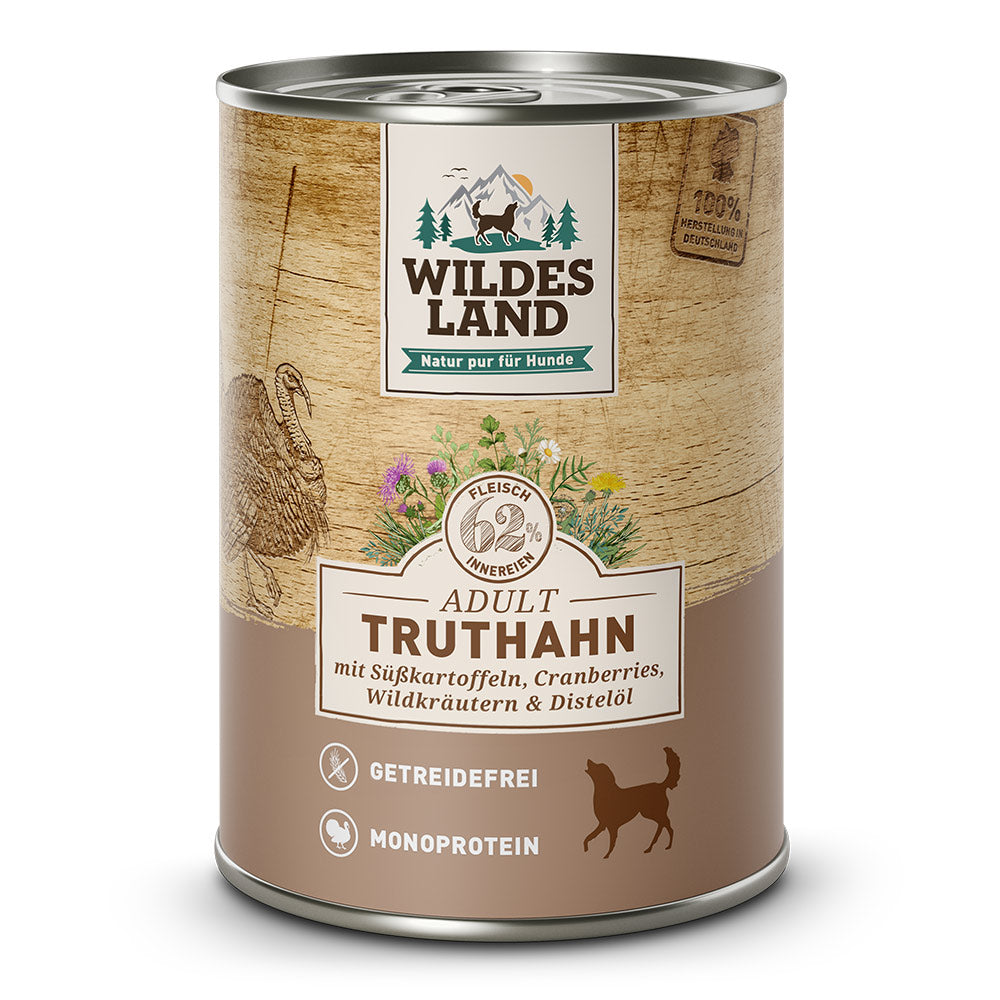 Wildes Land Hund Truthahn mit Süßkartoffel, Cranberries, Wildkräutern und Distelöl