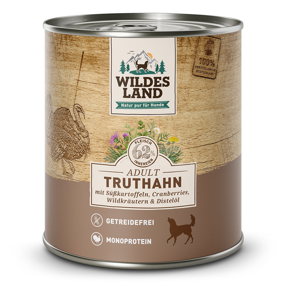 Wildes Land Hund Truthahn mit Süßkartoffel, Cranberries, Wildkräutern und Distelöl