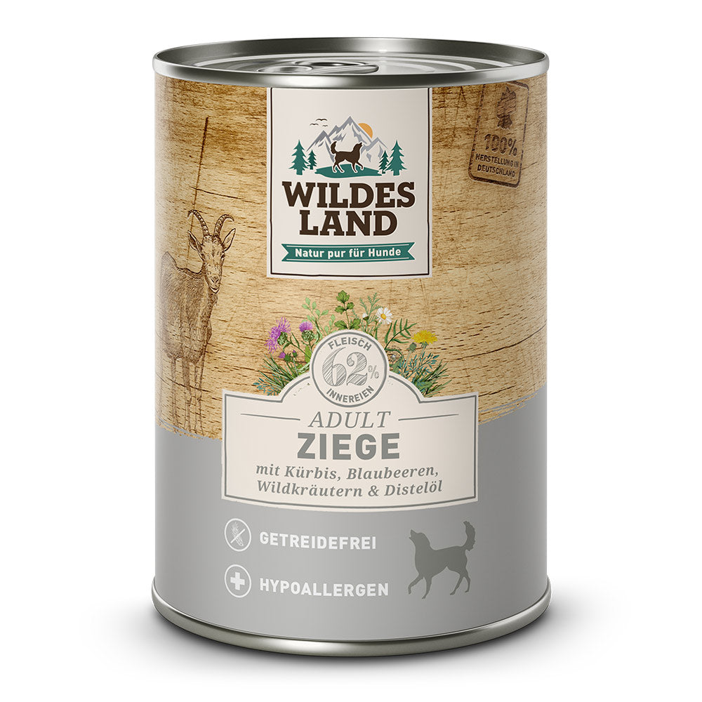 Wildes Land Hund Ziege mit Kürbis, Blaubeeren, Wildkräutern und Distelöl