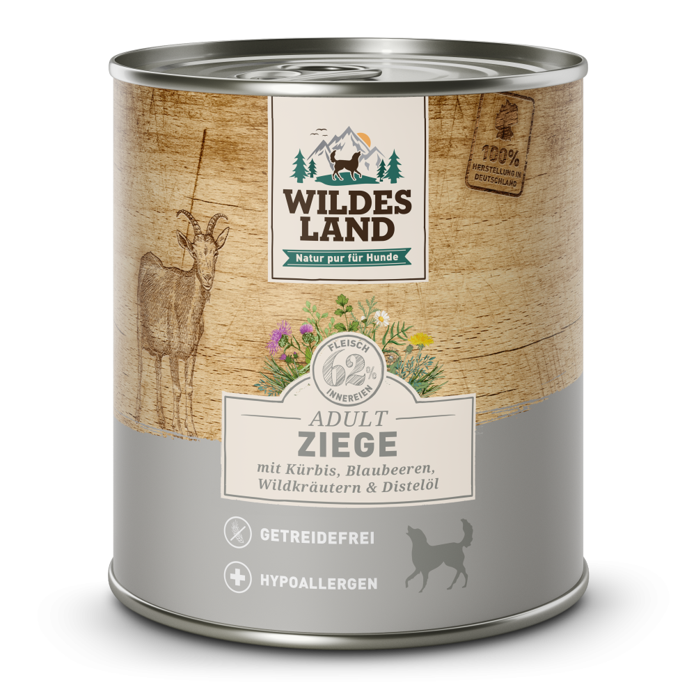 Wildes Land Hund Ziege mit Kürbis, Blaubeeren, Wildkräutern und Distelöl