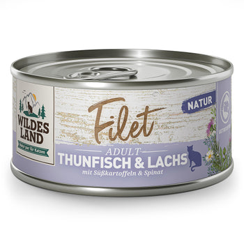Wildes Land Katze Filet Thunfisch & Lachs mit Süßkartoffeln & Spinat, Nassfutter