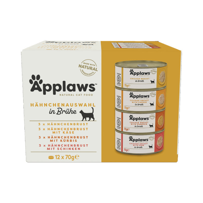 Applaws Chicken Selection wet cat food multipack, 12x70g cans with chicken breast, cheese, pumpkin, and ham varieties
